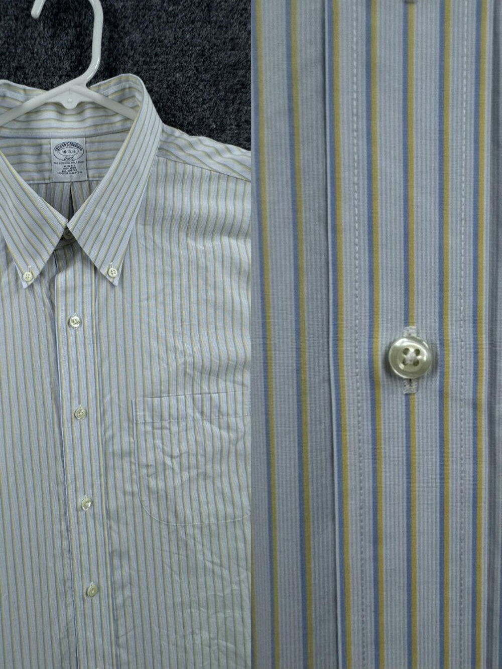 Brooks Brothers Slim Striped Button-Down Non-Iron Men 18 4/5 Blue Yellow Cotton